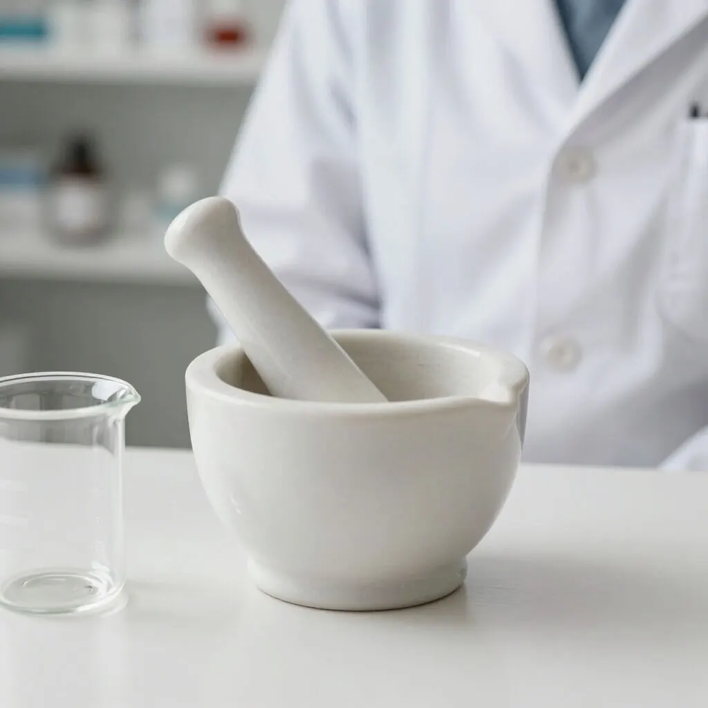 Mortar and pestle used to prepare a compounded medication