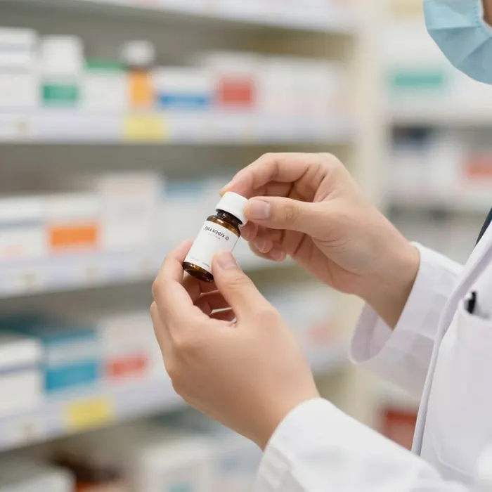Pharmacist labelling a compounded prescription vial