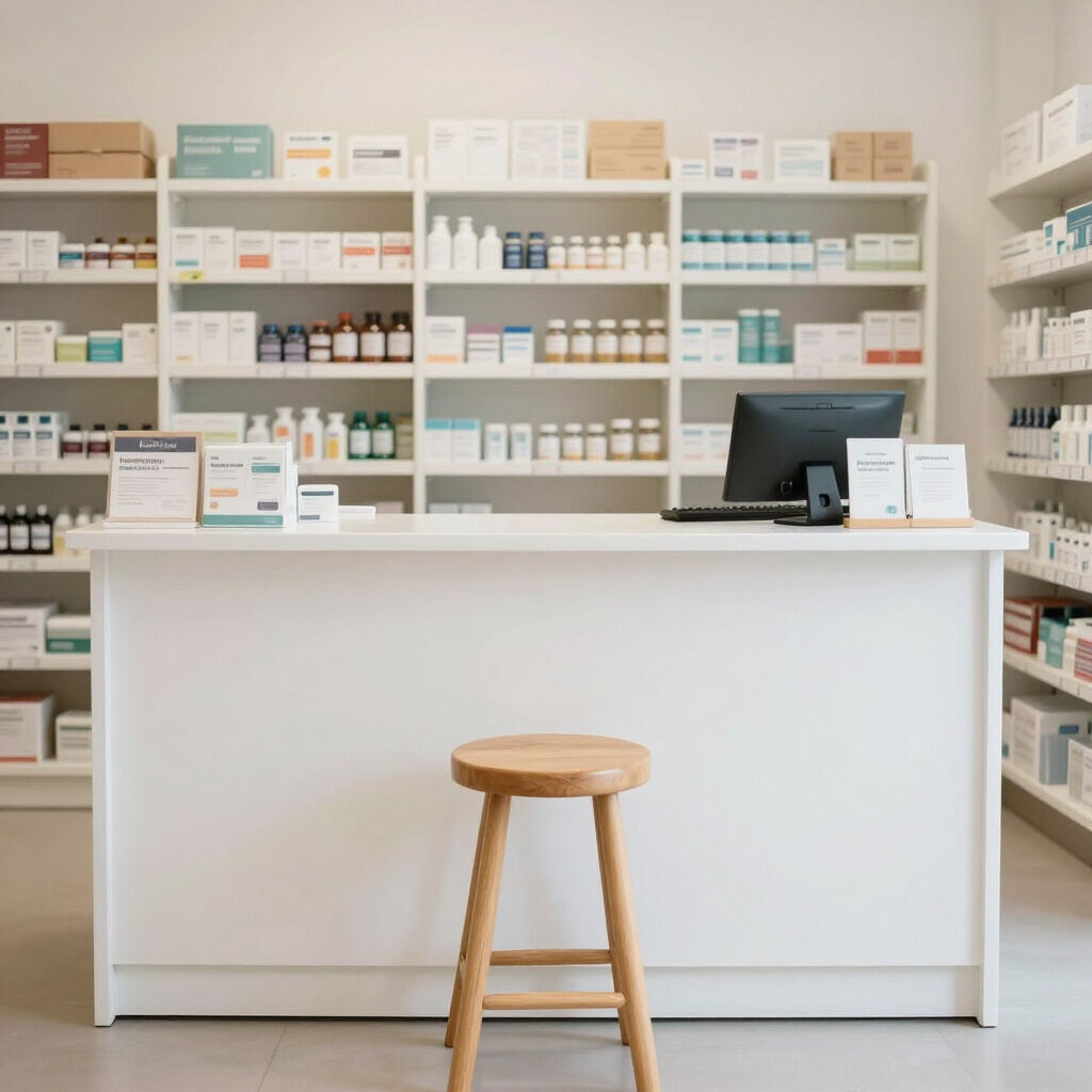 Clean, organized dispensary counter inside Lawlor Pharmasave