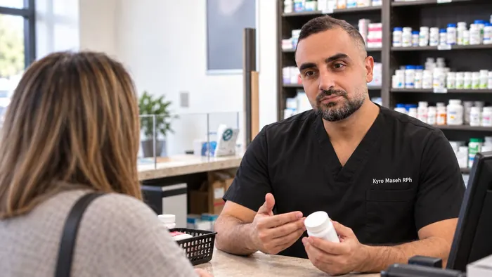 Kyro Maseh, RPh, pharmacist and founder of Lawlor Pharmasave, consulting with a patient